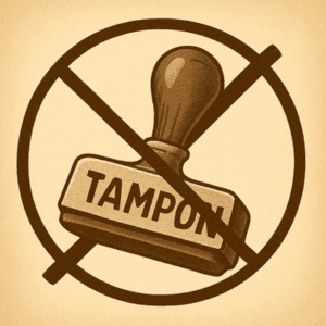 Illustration sepia vintage d’un gros tampon administratif rayé pour symboliser la lutte contre la lourdeur administrative en France.