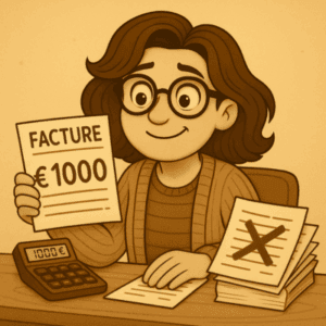 Illustration sepia vintage de Frédérique présentant un ordinateur ouvert et une pile de livres, symbolisant les articles et ressources autour de son livre.