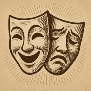 Illustration sepia d’un masque de théâtre double face, un côté souriant et l’autre sérieux, pour la double vision conservatisme et modernité combat autour de la création du régime de l'autoentrepreneur