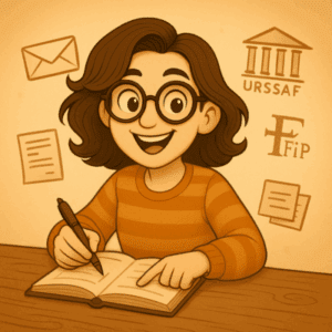 Illustration sepia vintage de Frédérique souriante, écrivant dans un carnet, entourée de pictogrammes Urssaf et DGFIP pour expliquer pourquoi elle partage les coulisses de son livre