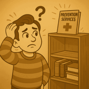 llustration d’un indépendant perdu face à un livret de prévention santé difficile d’accès.