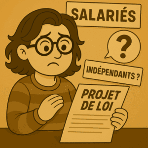Illustration d’une femme inquiète lisant un projet de loi sans mention des indépendants.