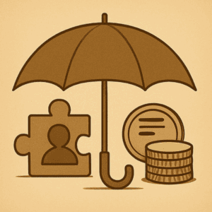 Illustration sepia vintage d’un parapluie couvrant des symboles d’indépendant et d’aides sociales pour illustrer la protection sociale du travailleur assisté.