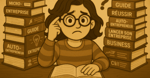 Femme vintage hésitante entre plusieurs livres sur la micro-entreprise.