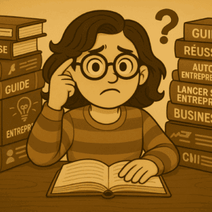 Illustration femme hésitant entre les nombreux choix de livre sur l'autoentrepreneur