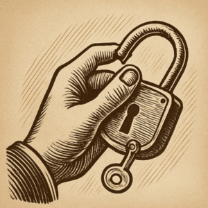 Illustration sepia d’une main ouvrant un cadenas pour symboliser l’autonomie au travail dans le cadre de la création du régime autoentrepreneur