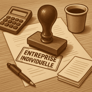 Illustration sepia vintage d’un tampon marqué Entreprise Individuelle posé sur des papiers officiels, à côté d’une calculatrice rétro et d’un gobelet à café, symbolisant le régime comme une vraie entreprise.