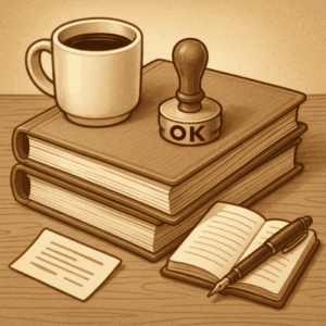 Illustration sepia vintage d’une pile de dossiers administratifs, d’une tasse de café et d’un carnet ouvert avec un stylo plume, symbolisant la compréhension pratique du régime de l’auto-entrepreneur.