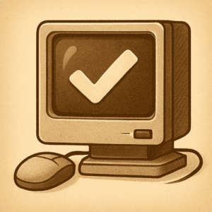 Illustration sepia vintage d’un ordinateur rétro avec un symbole check pour illustrer le régime de rupture 100 % en ligne sans guichet.