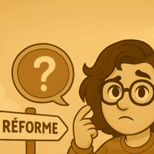 avatar pensive devant un panneau « réforme » et un point d’interrogation pour illustrer polémiques et tentatives de recentrage entre 2012 et 2014.