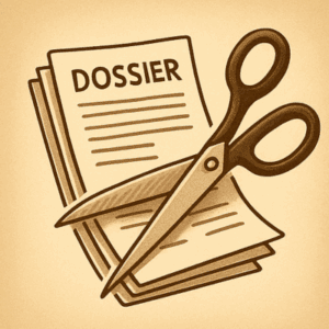 llustration sepia vintage d’une grande paire de ciseaux découpant un dossier de paperasse pour symboliser la simplification de la création du régime autoentrepreneur.