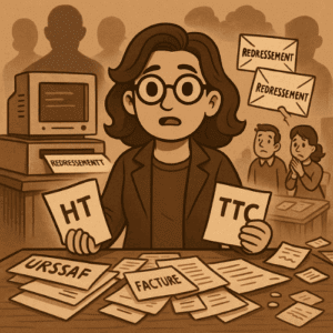 Illustration vintage d'une experte indépendante lisant un document sur la déclaration DAC7 dans un contexte administratif européen