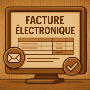Illustration vintage représentant une facture électronique affichée sur un écran d’ordinateur avec des icônes de validation et d’envoi, symbolisant la réforme de la facturation obligatoire à partir de 2027.