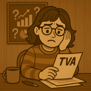 Femme perplexe lisant un document sur la réforme TVA
