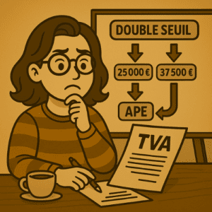 Femme pensive devant un schéma sur les seuils TVA et le code APE.