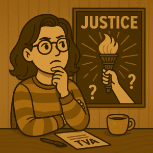 Indépendante pensive face à une affiche sur la justice et la réforme TVA.