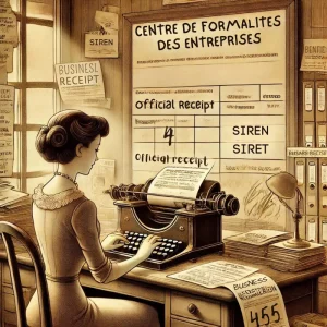 The image depicts a whimsical, sepia-toned office setting. At the center, a character typical of a mid-20th century bureaucrat is handling paperwork with a giant stamp, symbolizing the business registration process. The backdrop features an array of vintage office equipment, including typewriters and filing cabinets, evoking the era of manual business administration. Documents with the words "SIREN" and "SIRET" are prominently displayed, emphasizing the focus on French business registration numbers. The overall aesthetic is nostalgic, blending historical elements with a light-hearted cartoon style.