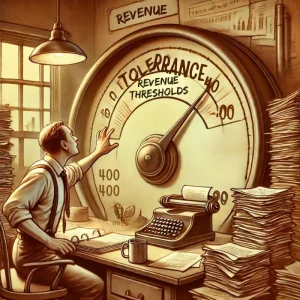 Here is the illustration for the section "Managing VAT". It visually captures the concept of an auto-entrepreneur anxiously monitoring revenue thresholds, with a large, vintage gauge indicating the critical limits. The setting is an old office, filled with financial documents and charts, enhancing the tension of potentially exceeding VAT thresholds. This whimsical, sepia-toned scene effectively conveys the importance of vigilant financial management for auto-entrepreneurs.