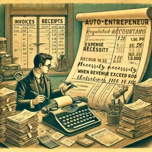 Here is the illustration for the section "Professional Tax and Bookkeeping". It visually represents an auto-entrepreneur engaged in meticulous financial management. The scene features the entrepreneur at a vintage desk filled with invoices, receipts, and a ledger, highlighting the importance of keeping detailed records for business transactions. This whimsical, sepia-toned image brings a sense of diligence and the necessity of proper bookkeeping in a charmingly old-fashioned office setting.