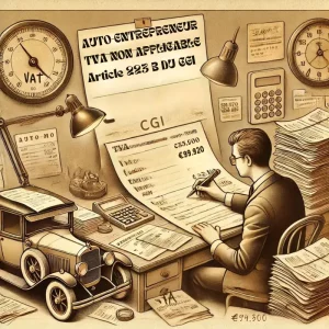 Here is the illustration for the section on "Value Added Tax (VAT)" for auto-entrepreneurs. The image captures an entrepreneur at a vintage desk surrounded by invoices, highlighting the VAT exemption with the specific mention "TVA non applicable article 293 B du CGI". Elements like a meter gauge subtly indicate the critical VAT thresholds of €36,500 and €94,300. This whimsical, sepia-toned scene reflects the historical and bureaucratic aspects of VAT management in a charmingly vintage style.