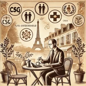 Here is the illustration for the section "What are Social Contributions for in France?" The image depicts an auto-entrepreneur in a serene French café setting, calculating social contributions, surrounded by symbols representing the French social protection system like health, family benefits, and pensions. The atmosphere conveys a sense of community and national solidarity, enhancing the understanding of the importance of social contributions in France.